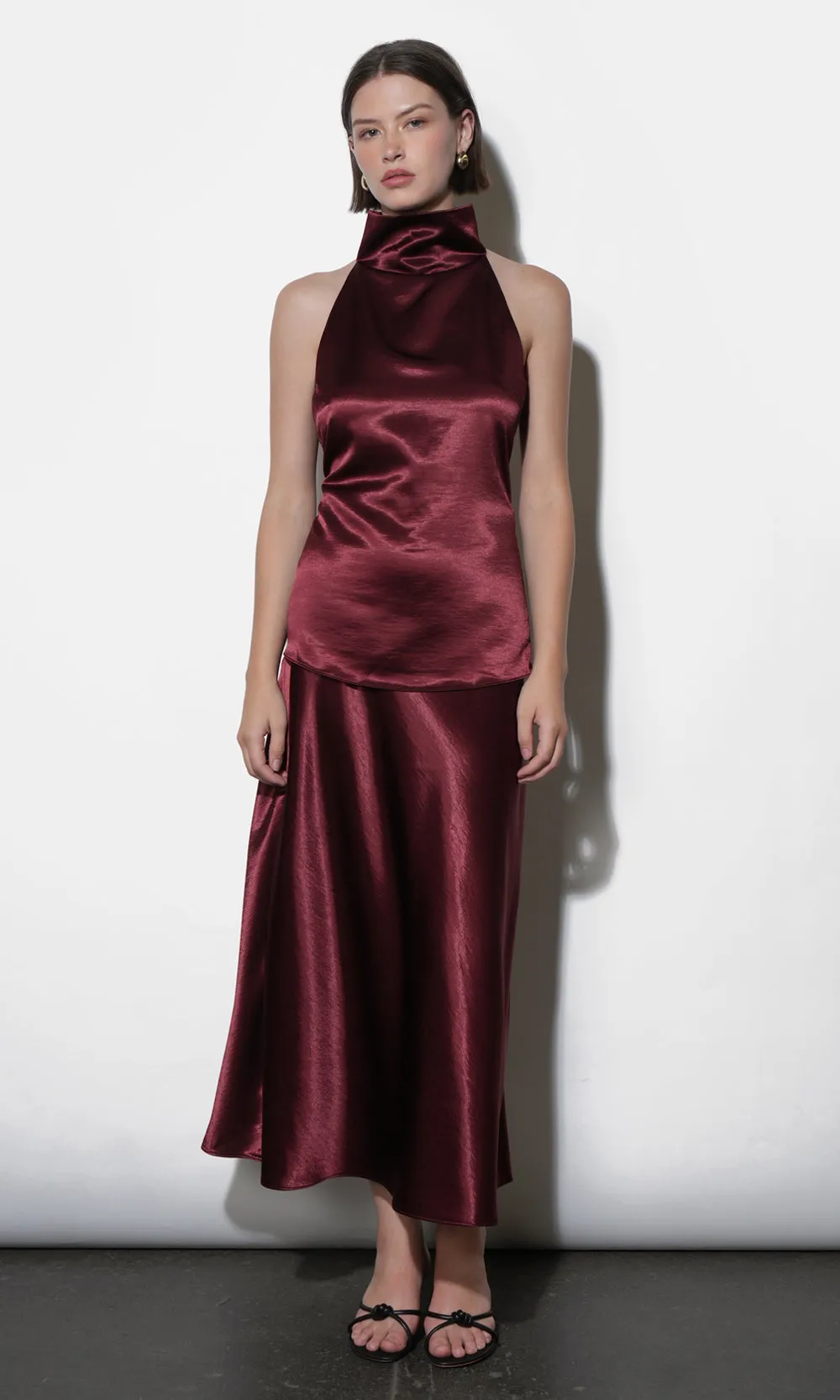 Statement Piece Modern Tones Paige Midi Slip Skirt in Dark Cherry