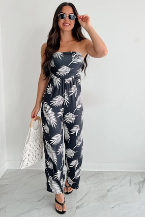 Palm Plans Strapless Leaf Print Jumpsuit (Black) Perfect Layer