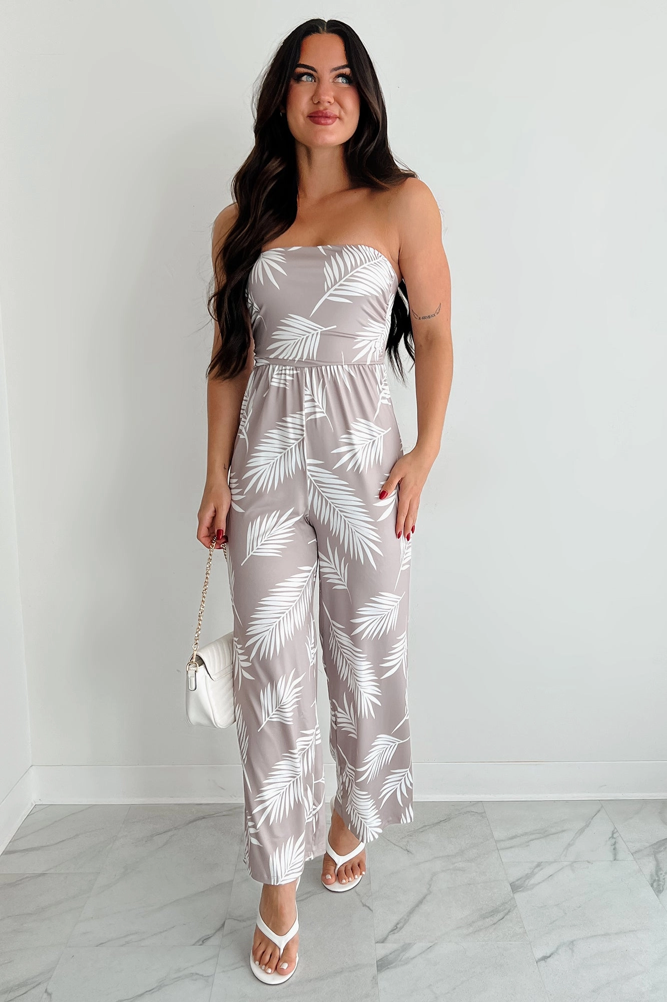 Bright Petal effortless grace Palm Plans Strapless Leaf Print Jumpsuit (Taupe)