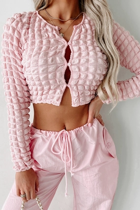 AntiStatic Coating Parkside Pretty Long Sleeve Button-Front Popcorn Top (Pink)