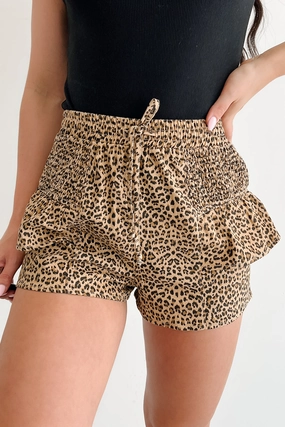 Partying Hard Smocked Leopard Shorts (Taupe/Black) Beach Ready Breathable mesh