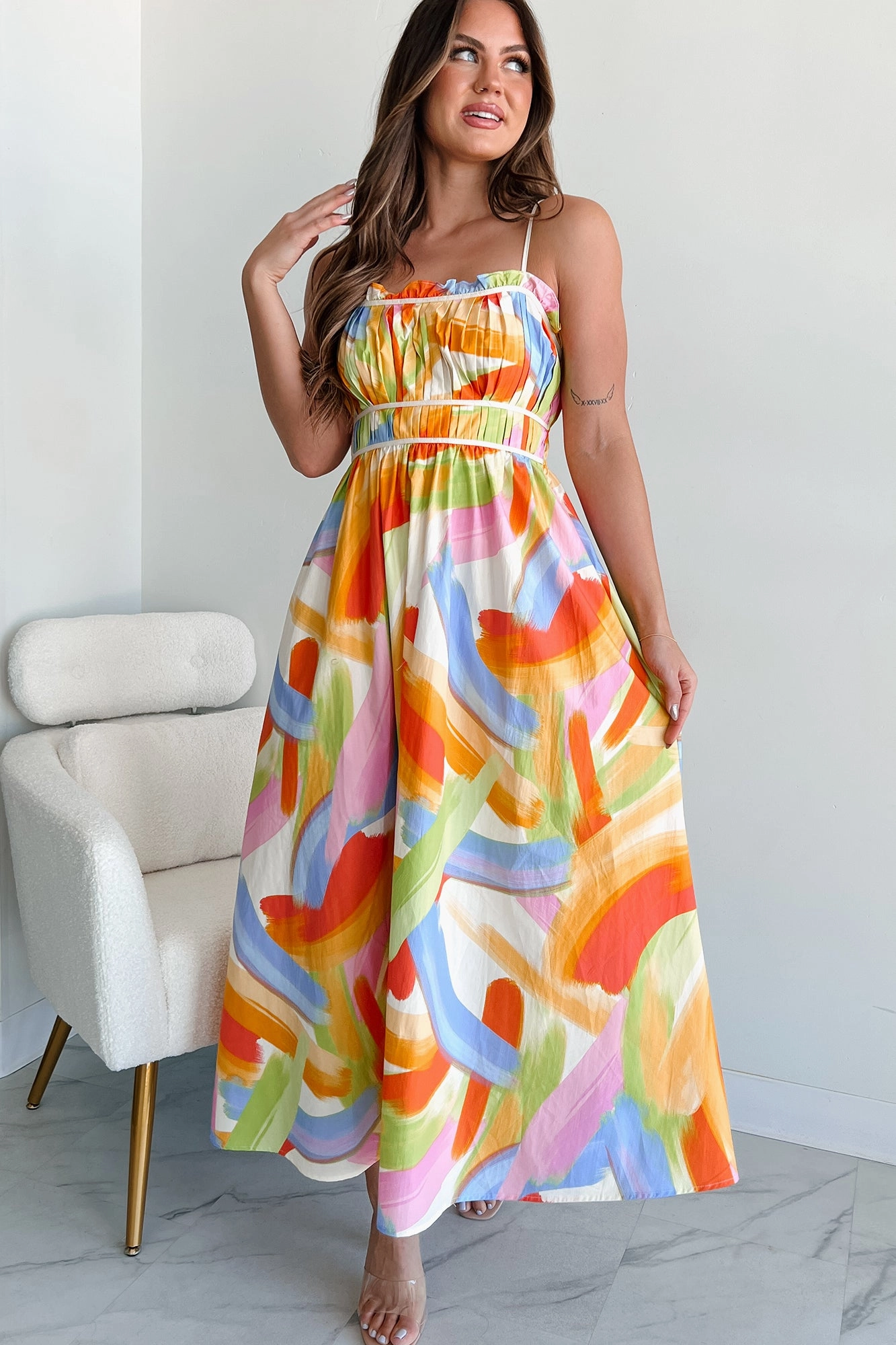 Passionate Response Printed Maxi Dress (White/Blue/Yellow) Light Comfort