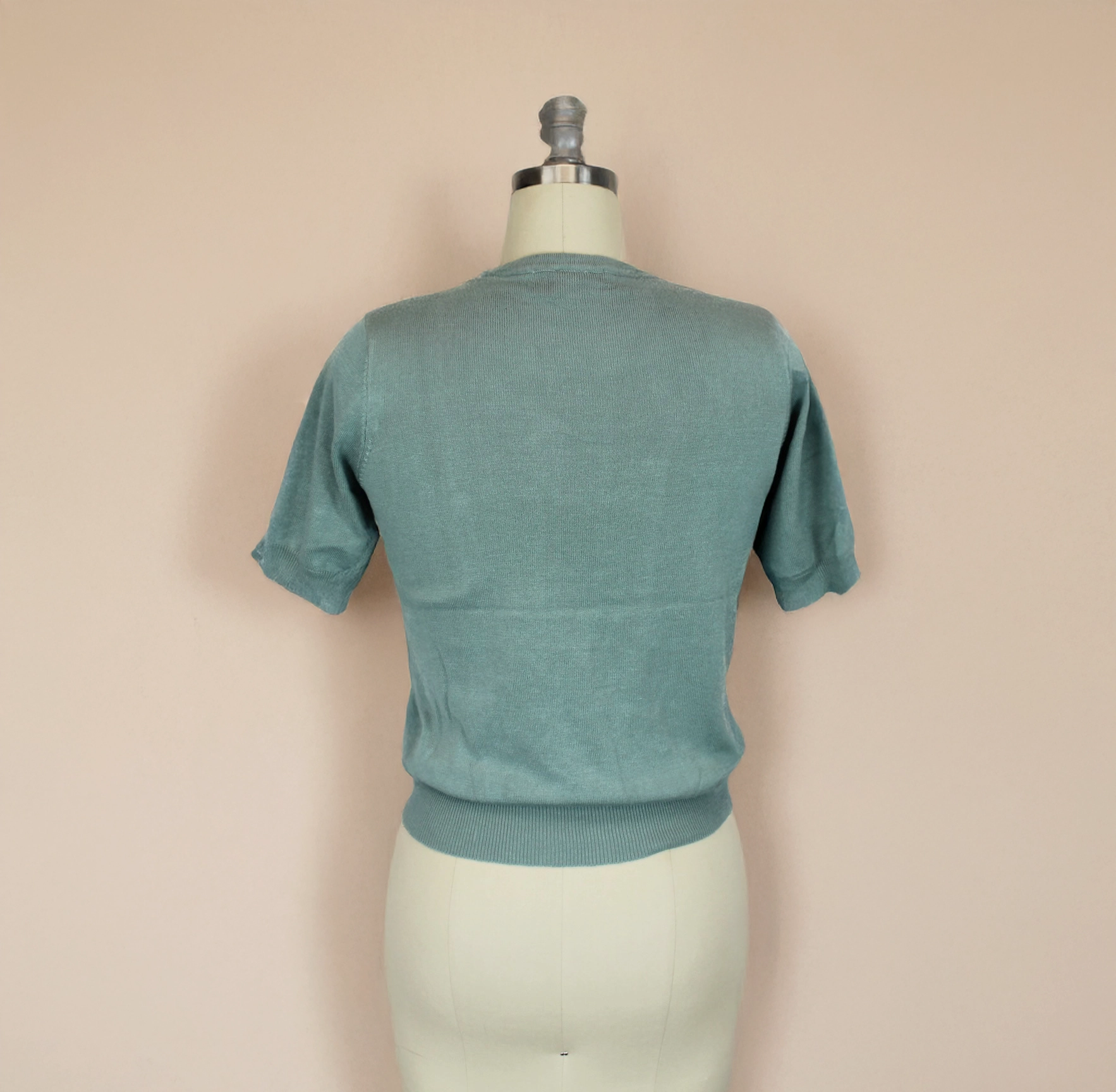 Low Profile Waistband Integration HighNeckCut Pastel Sage Spiderweb Sweater Top | Vintage Spooky Knit Blouse