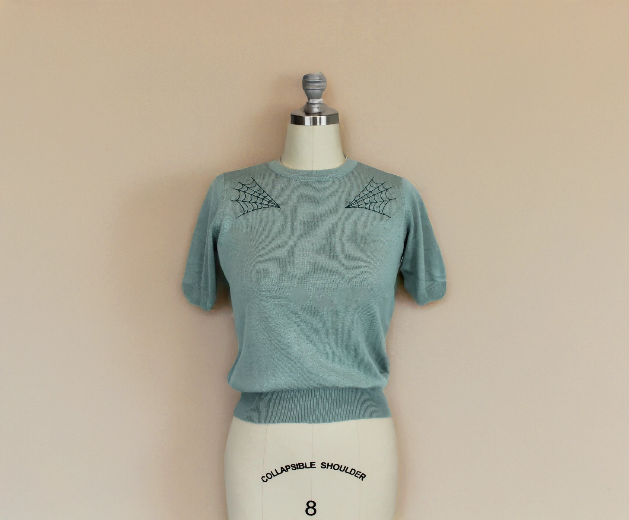 Pastel Sage Spiderweb Sweater Top | Vintage Spooky Knit Blouse WrinkleResistantFinish
