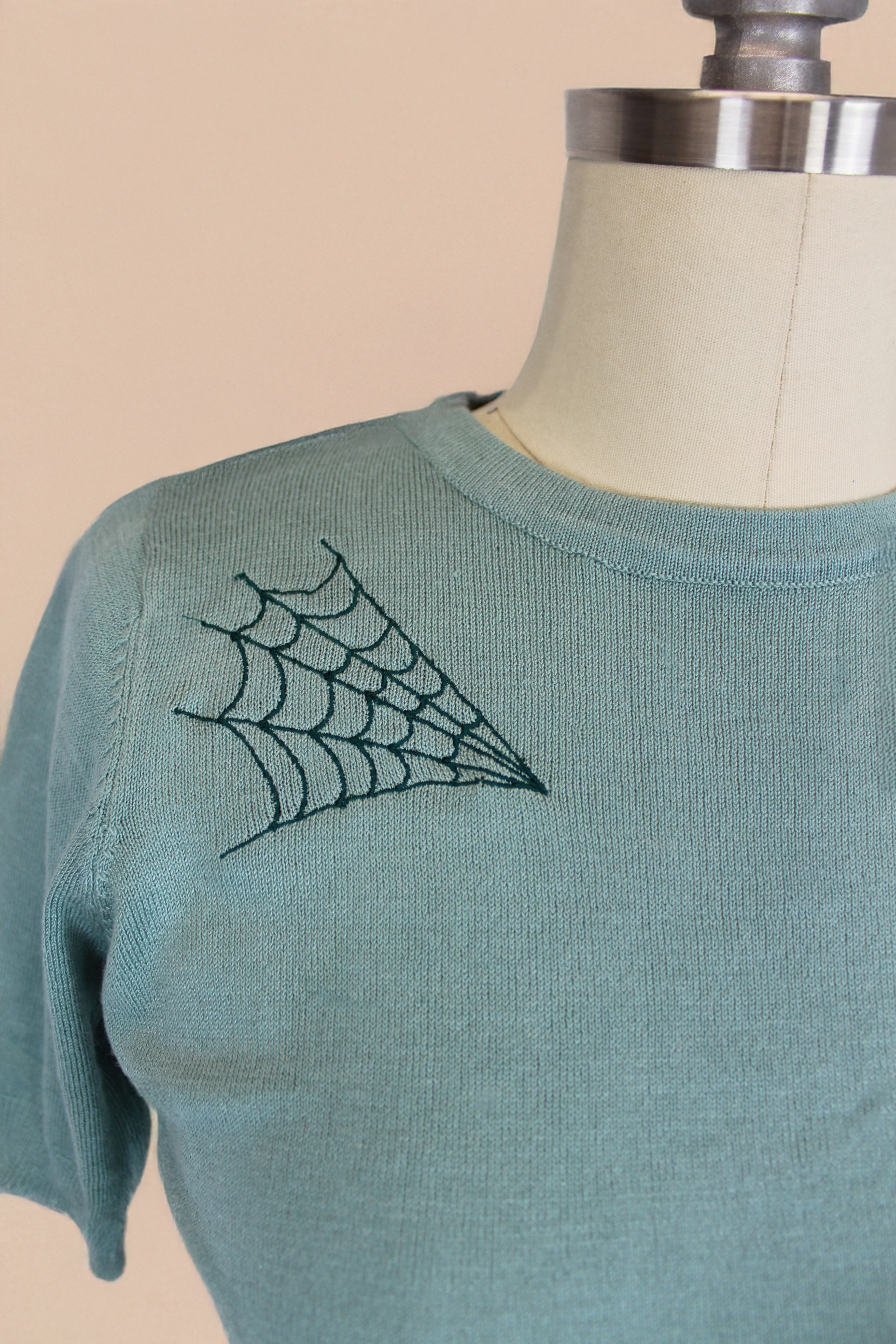 BrushedInnerSurface Pastel Sage Spiderweb Sweater Top | Vintage Spooky Knit Blouse