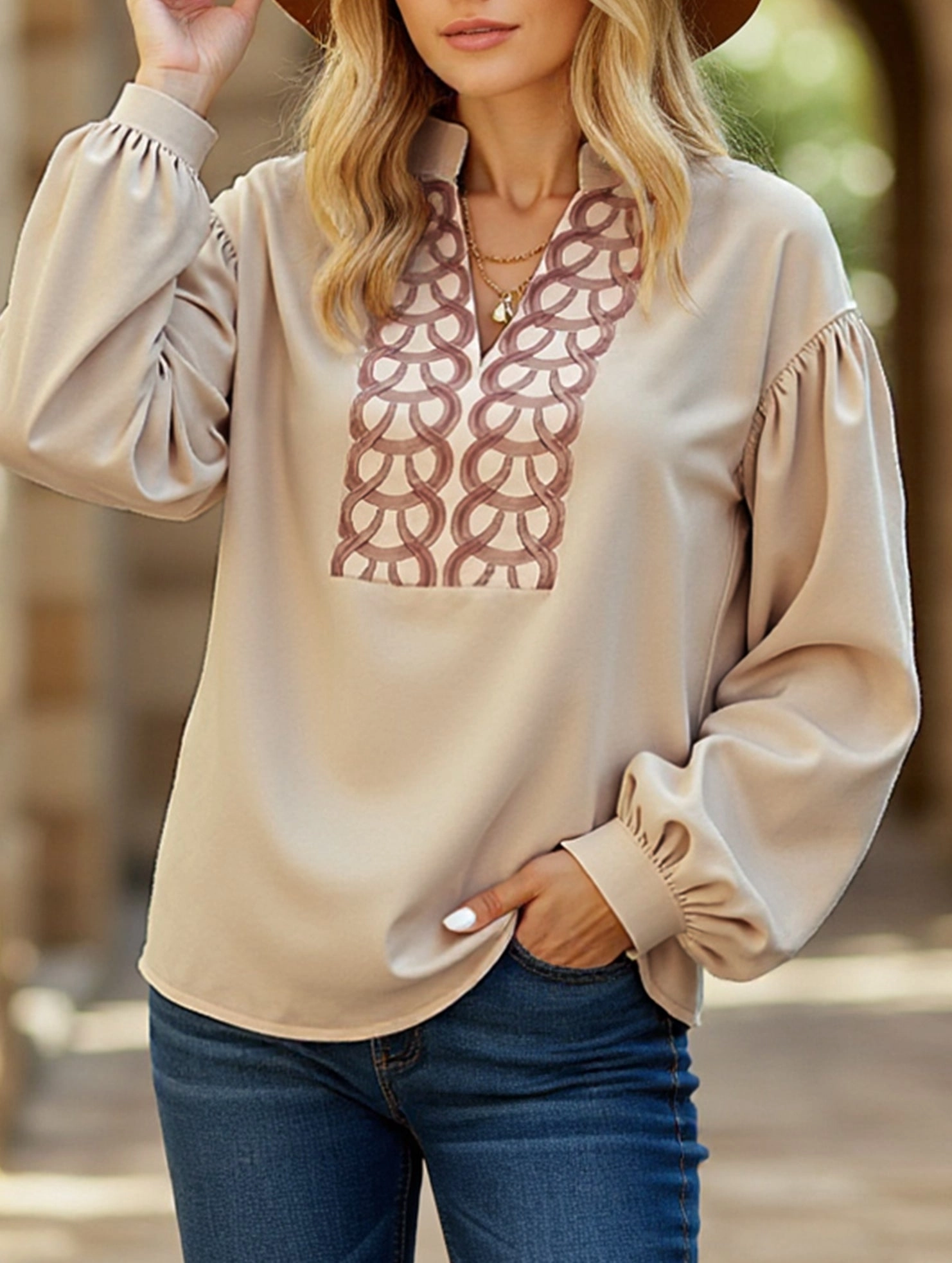 Patterned long-sleeved mandarin-collar shirt Convertible Sleeve Adaptation