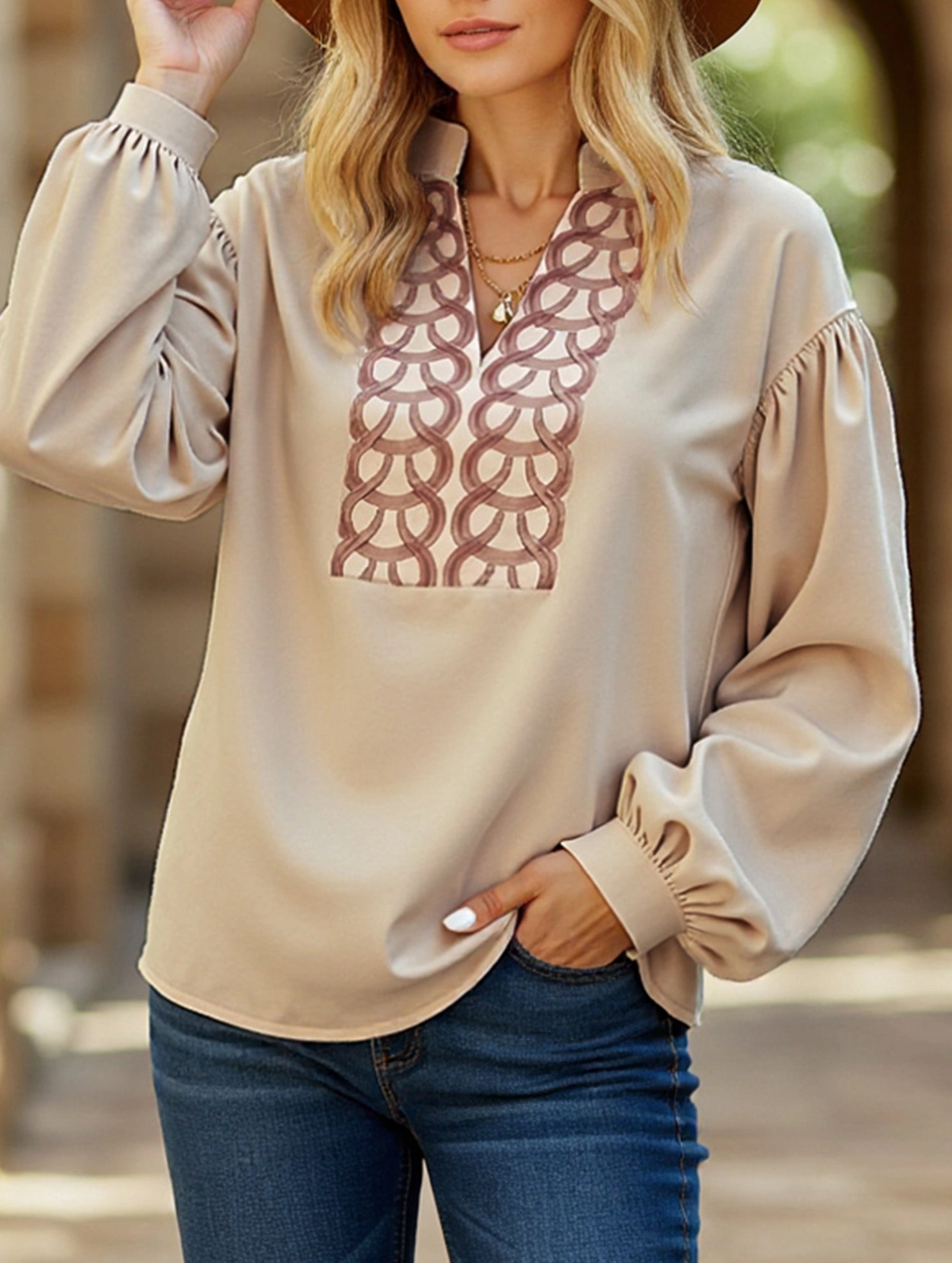 Fun Design Patterned long-sleeved mandarin-collar shirt
