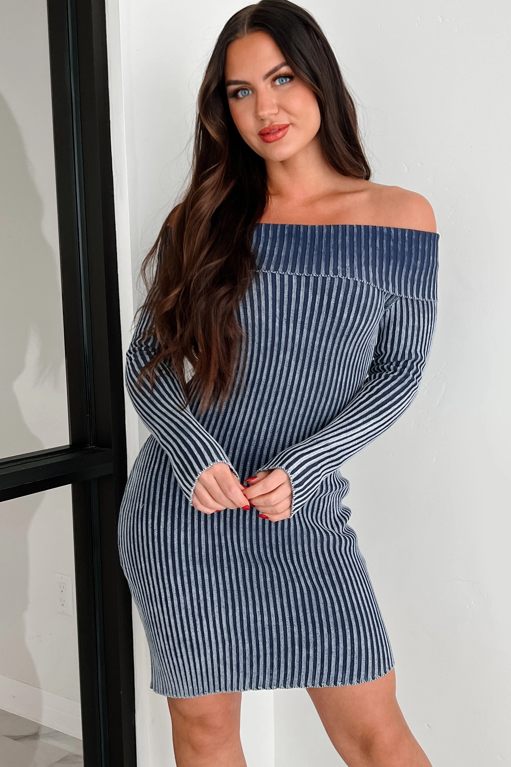 Modern Motion Peggy Off The Shoulder Sweater Dress (Dark Denim Blue)