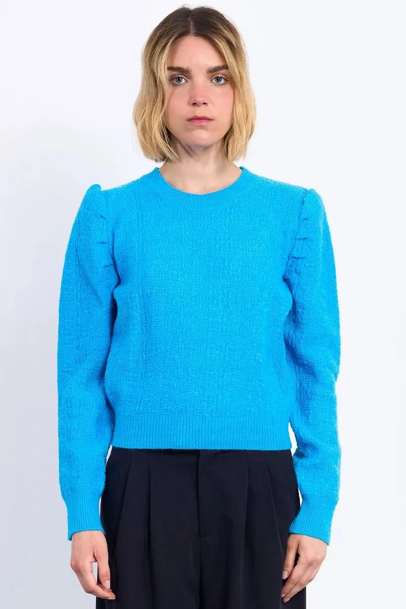 Recycled Fiber Blend LightweightLayeringSystem Structured Puff Sleeve Sweater in Blue