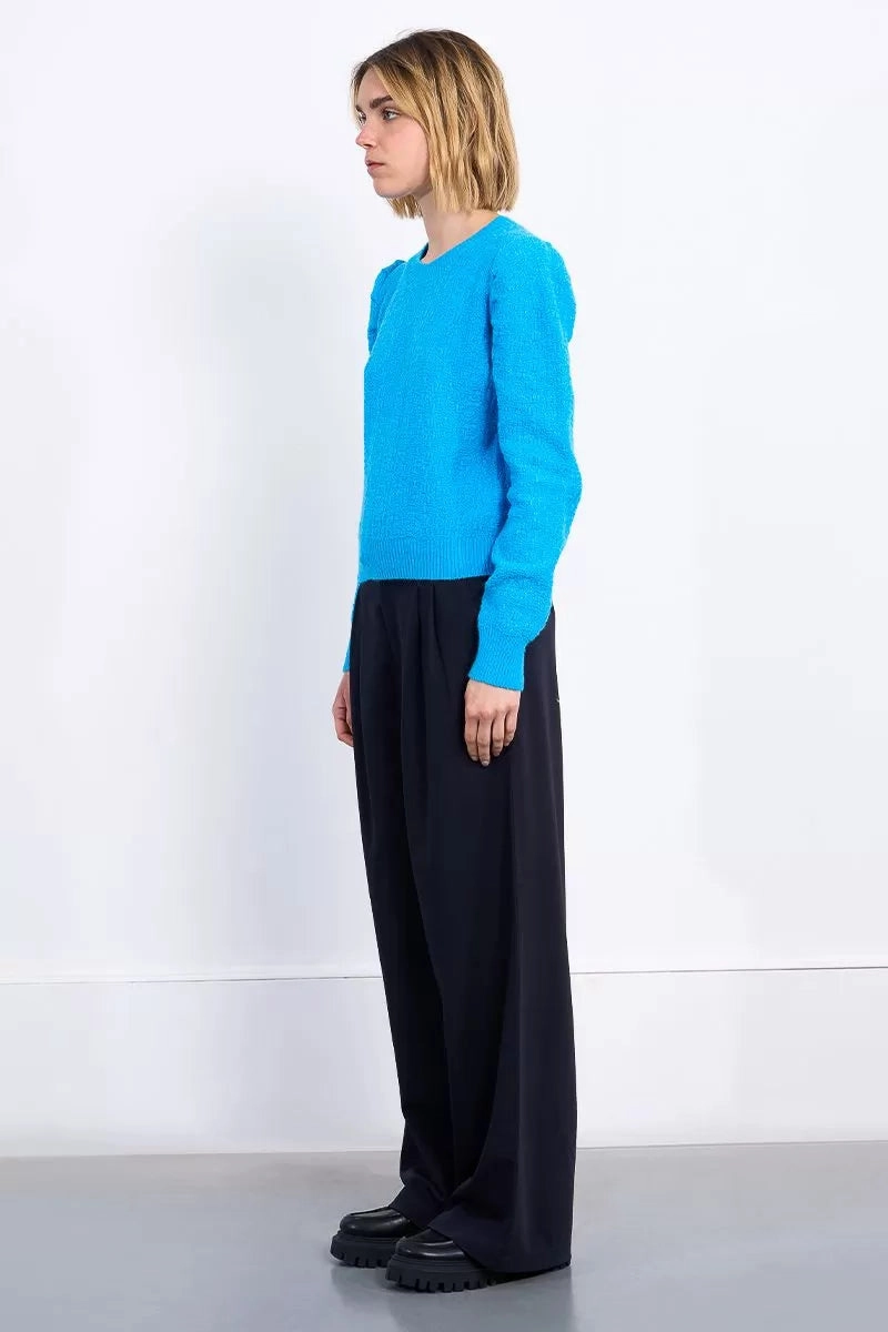 Relaxed Look Noise Reduced Zipper Structured Puff Sleeve Sweater in Blue