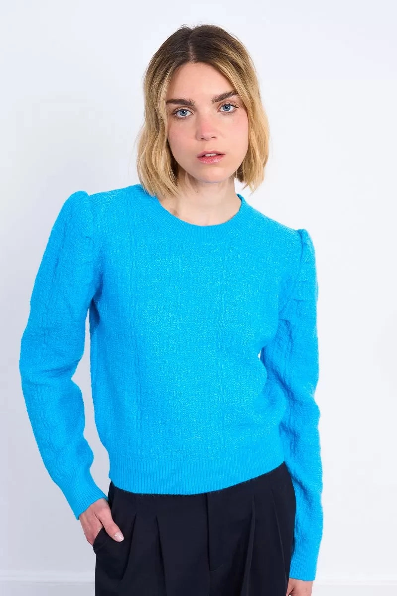 Fleece Pullover V Neck Design Structured Puff Sleeve Sweater in Blue
