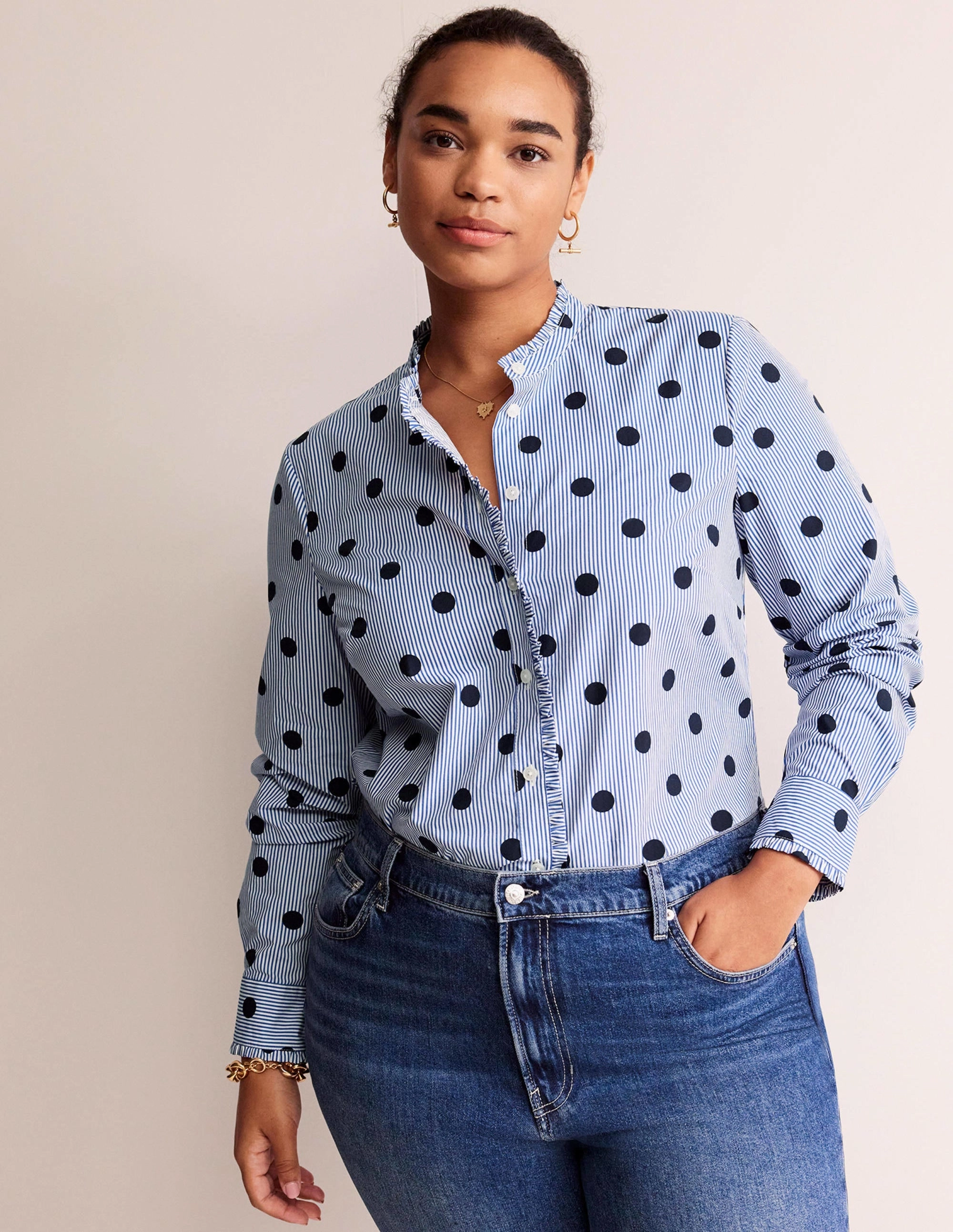 Phoebe Cotton Shirt-Navy, Spot Stripe Yarn Dyed Pattern Cloth MeshVentilation