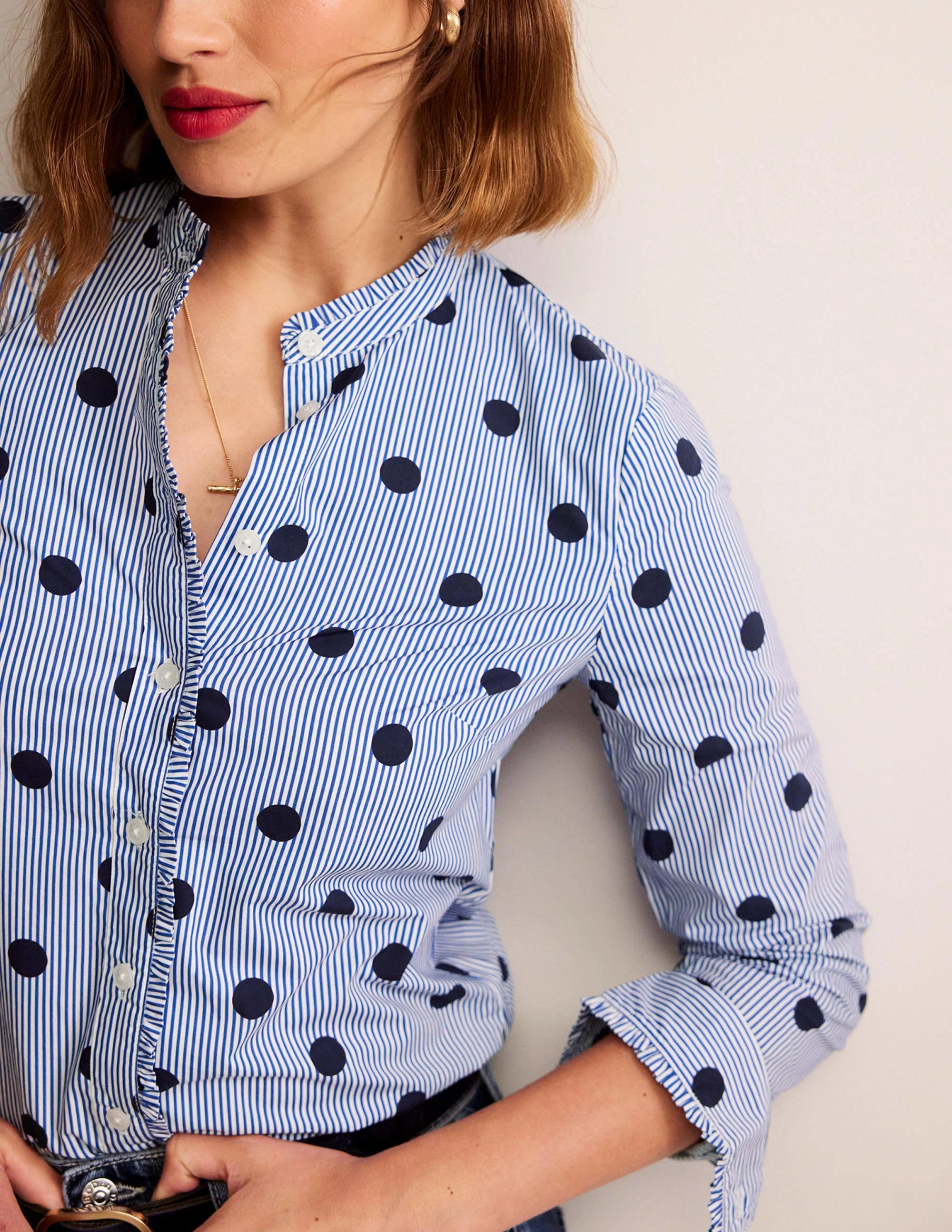 Phoebe Cotton Shirt-Navy, Spot Stripe ContrastTipping
