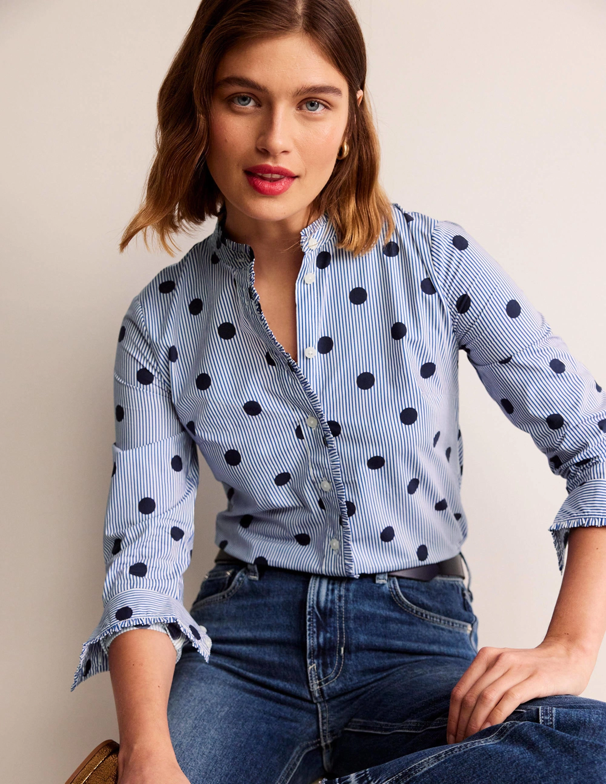 Tear Resistant Hybrid Fabric Blend Phoebe Cotton Shirt-Navy, Spot Stripe