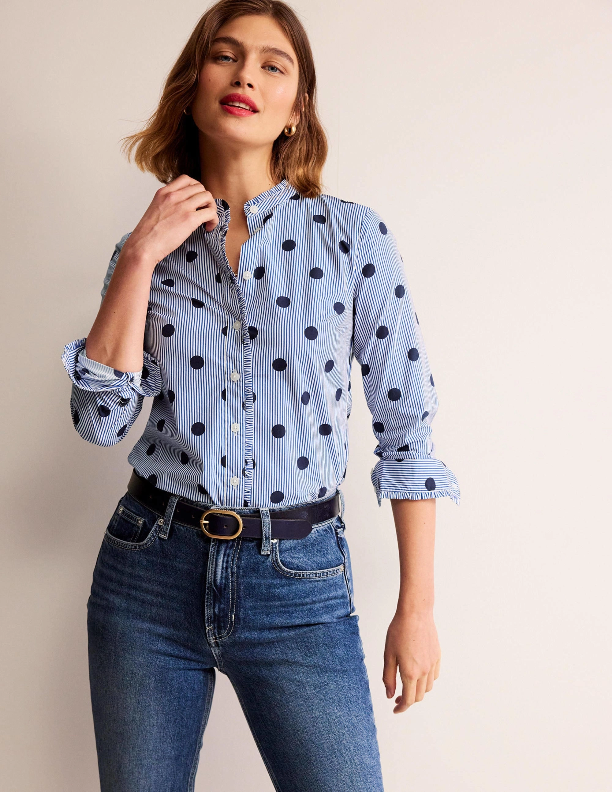 ConvertibleSleeves Phoebe Cotton Shirt-Navy, Spot Stripe