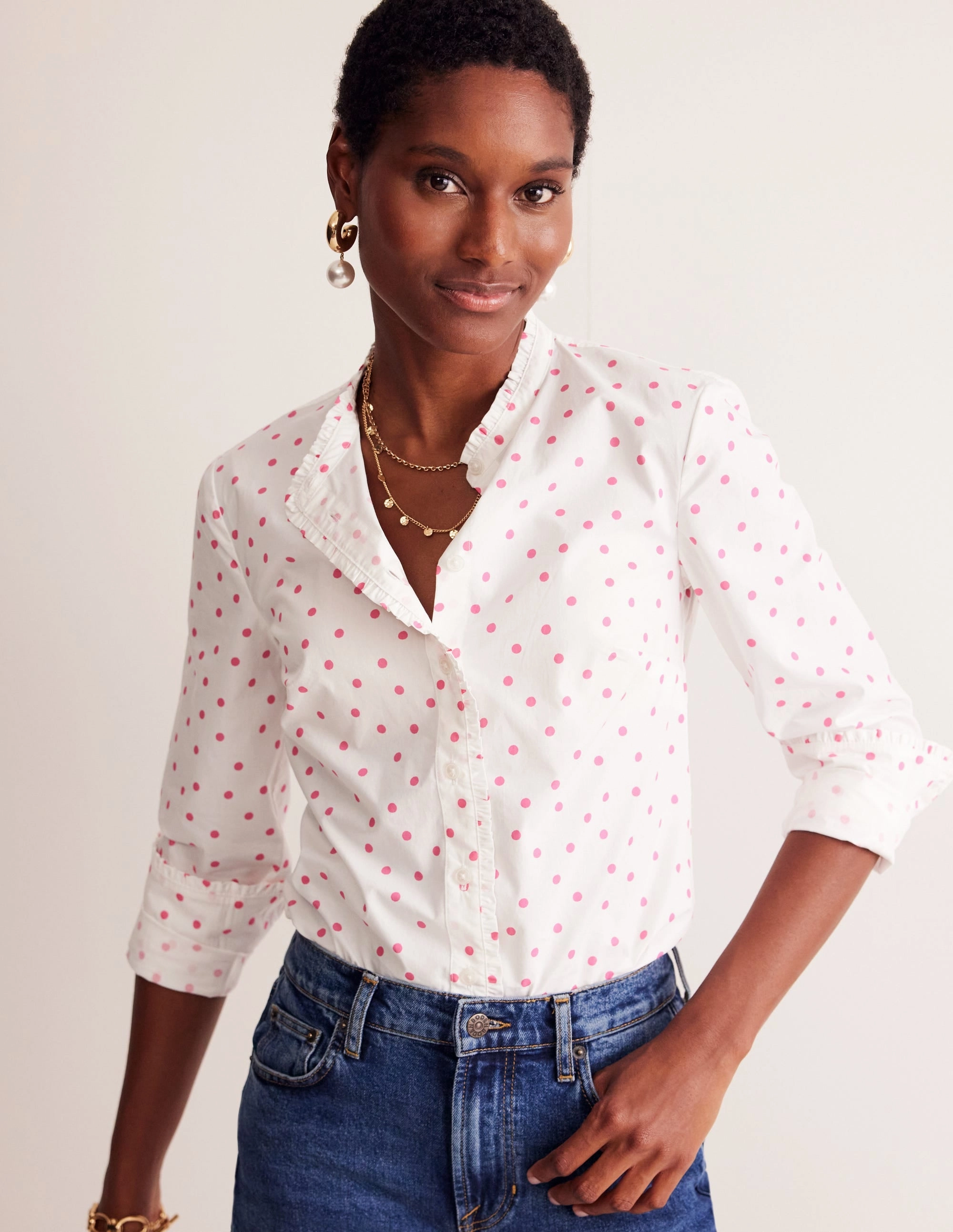 Phoebe Shirt-Ivory, Party Pink Spot Double Stitched Seams