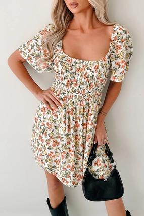 Stylish Pick Pink Skies Floral Mini Dress (Cream)