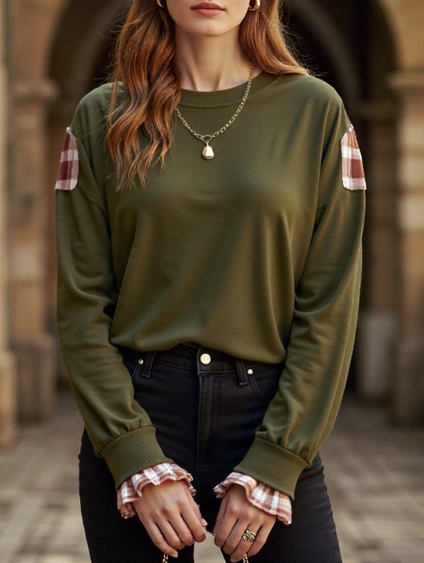 Plaid Patchwork Crew Neck Pullover Sweatshirt Office Attire