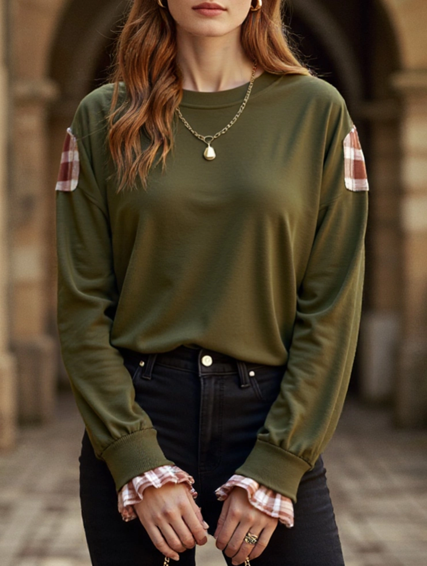 Plaid Patchwork Crew Neck Pullover Sweatshirt Sustainable Material Blend ButtonlessClosure