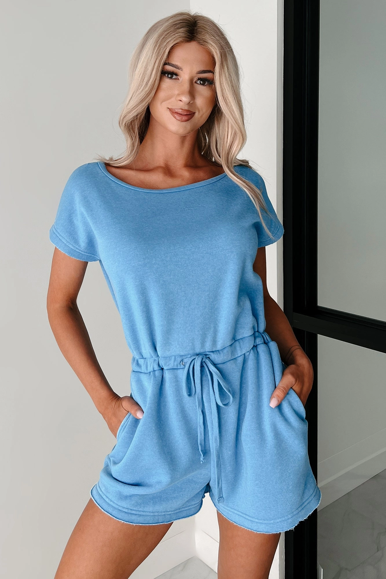 Plain & Simple Washed Drawstring Waist Romper (Blue) Simple Touch Chill Detail