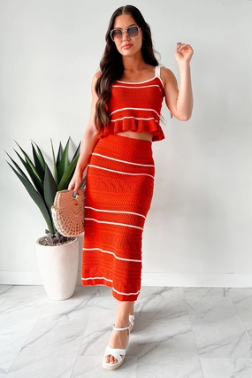 PermeableCloth Playful & Pretty Open Knit Sweater Midi Skirt (Red Orange)