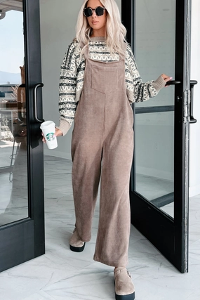 Solid-color Playful Impression Soft Corduroy Overall Jumpsuit (Mocha)