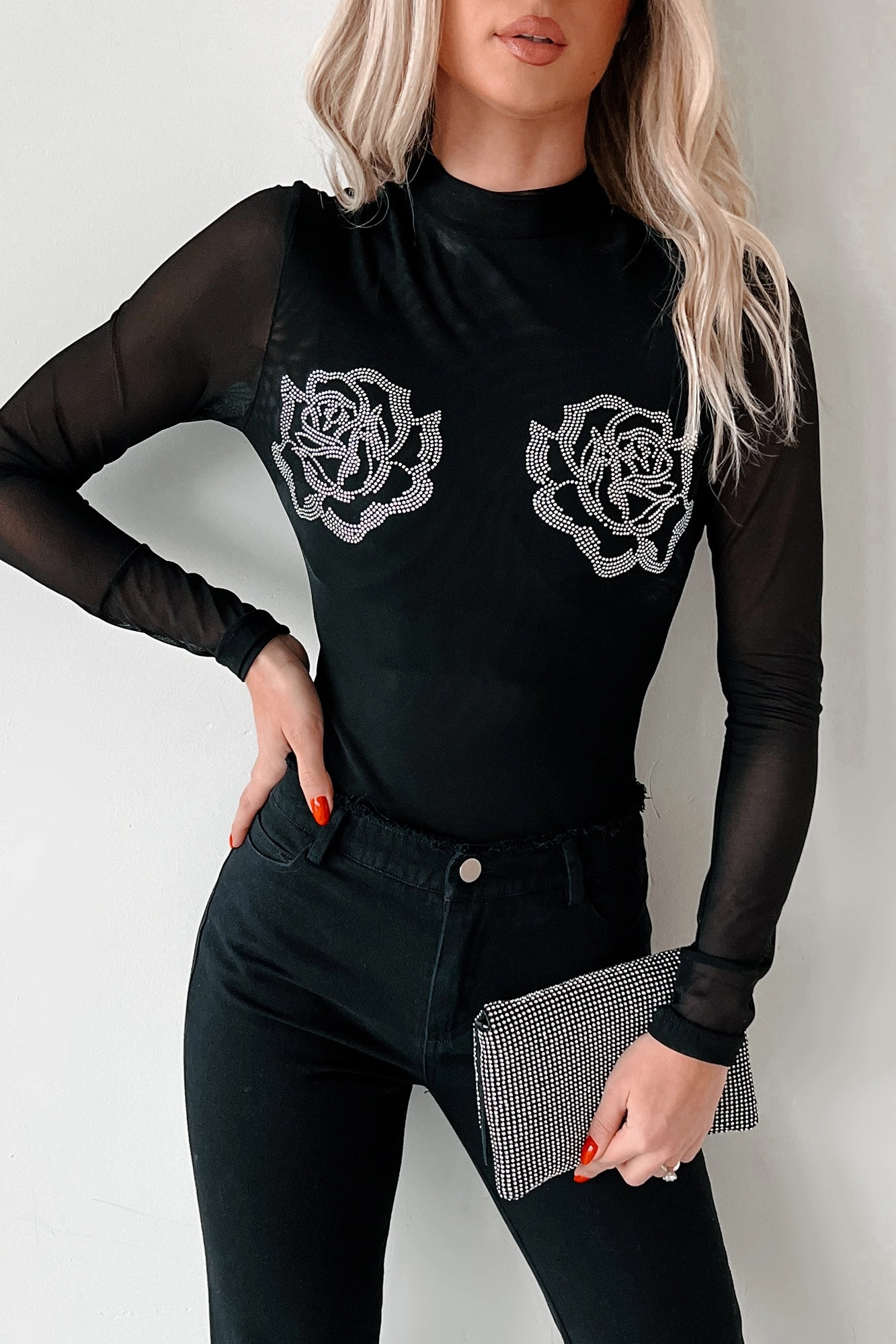 Playing Hard To Forget Rhinestone Rosette Mesh Bodysuit (Black) Travel Friendly
