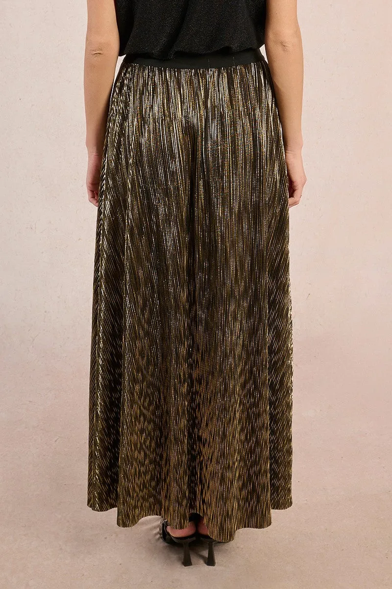 Pleated Metallic Maxi Skirt in Gold Performance Outfit Shape Enhancing