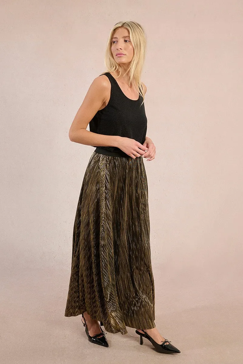 Pleated Metallic Maxi Skirt in Gold Detachable Tie