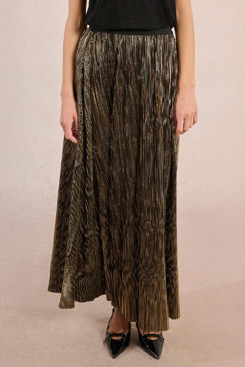 Pleated Metallic Maxi Skirt in Gold raw hem Winter Layering