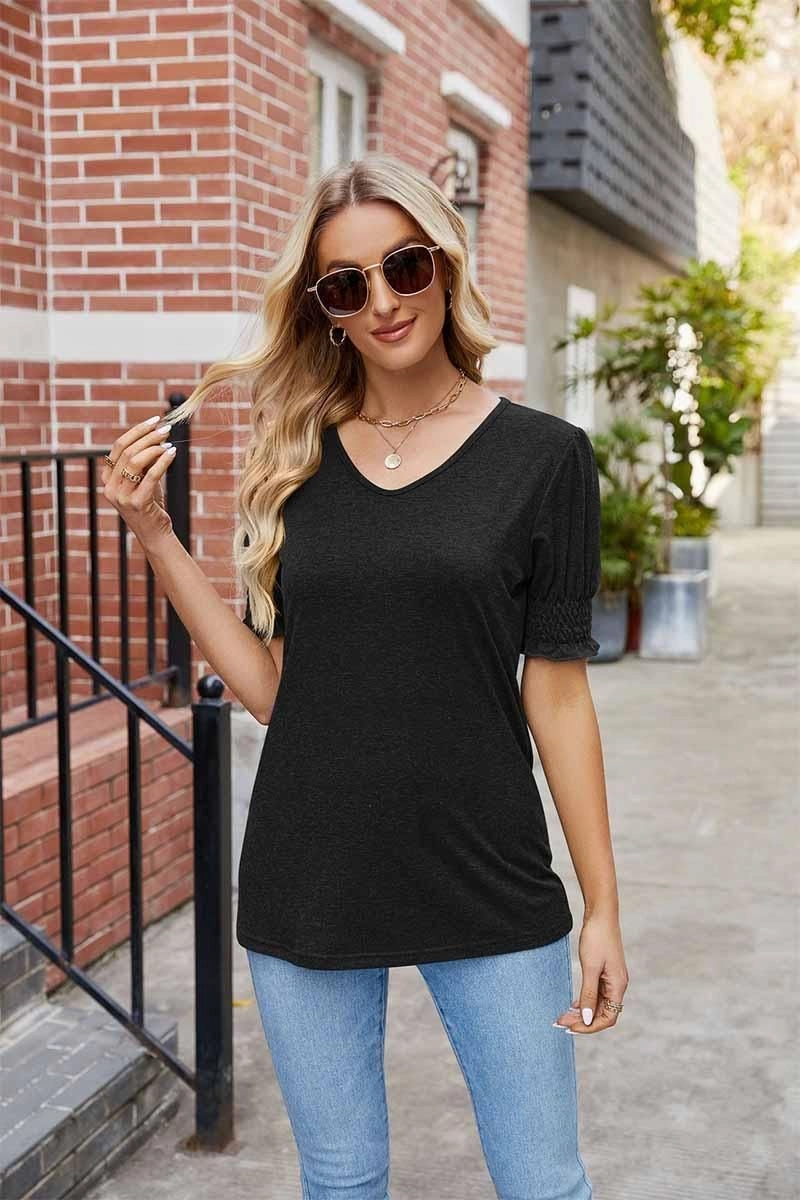 PLEATED FRILL PUFF SLEEVES V NECK TEE Sun Protective Fabric