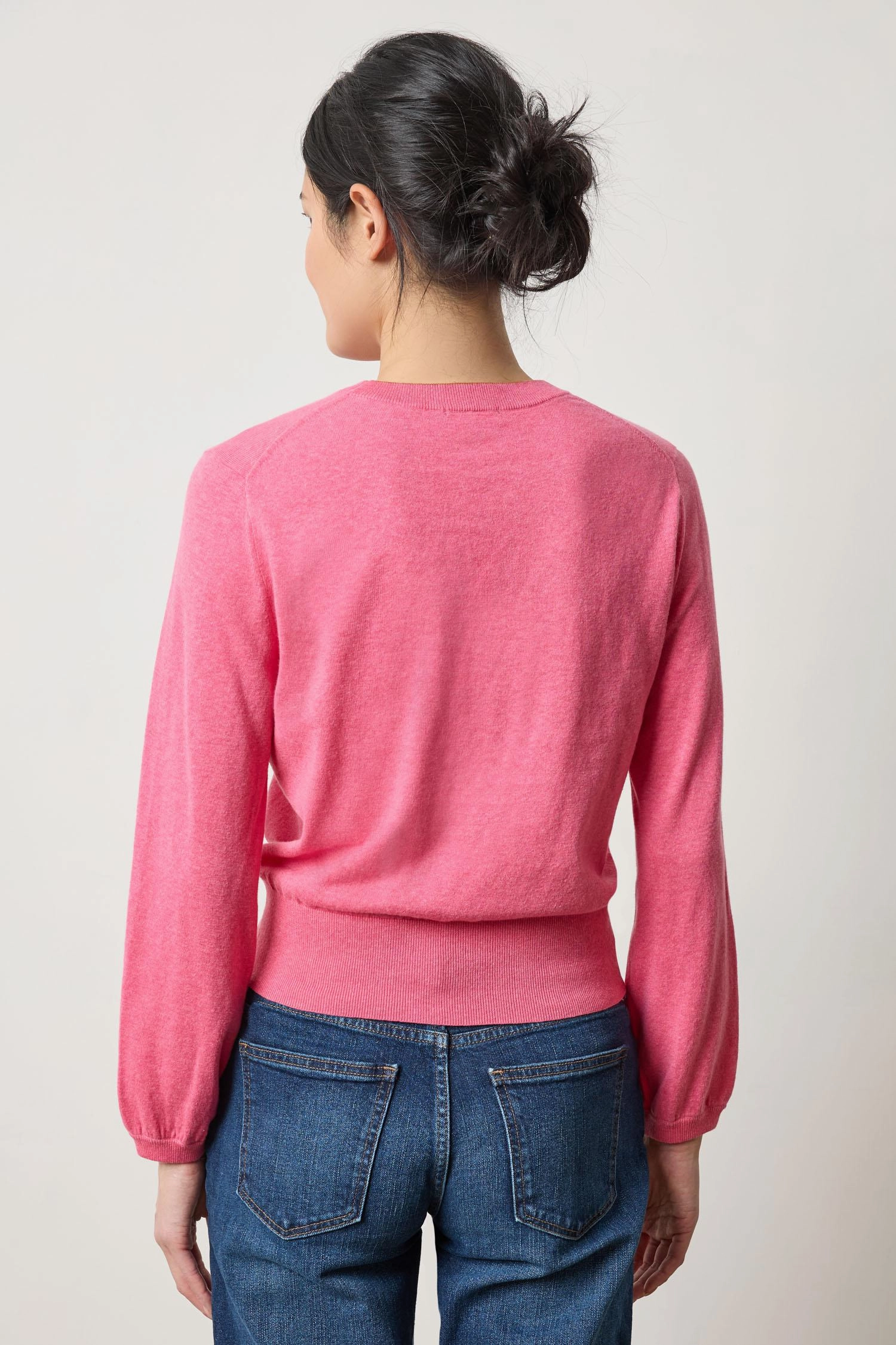 Pleated Sleeve Crewneck Sweater in Calypso Wrinkle Free Texture