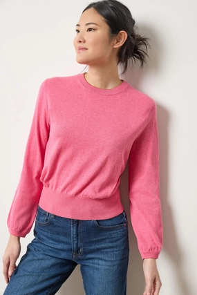 Pleated Sleeve Crewneck Sweater in Calypso Ribbed Knit Fabric