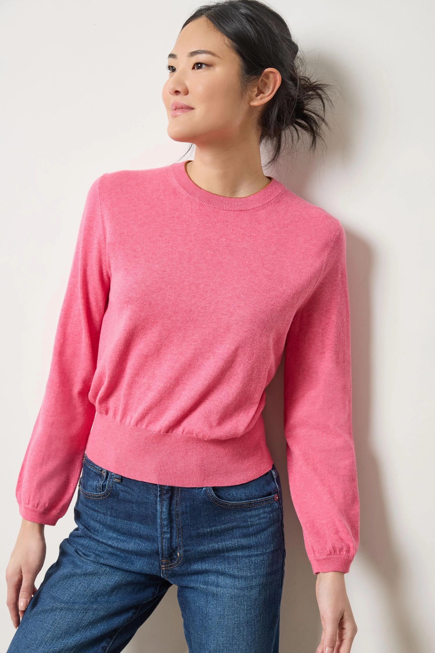Layered Panel Construction Metallic Fiber Blend Pleated Sleeve Crewneck Sweater in Calypso