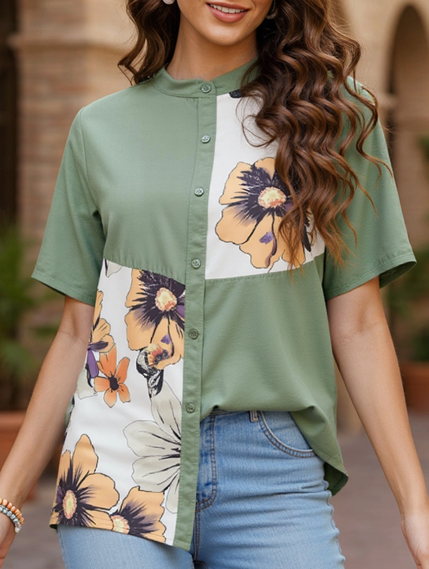 Reflective Logo Detail MoistureControl Plus Size Floral Button Down Shirt ??Summer Boho Style