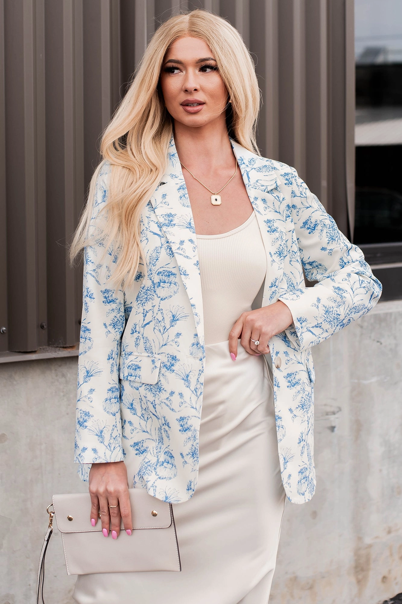 Elasticated Waistband Winter Ready Polished Presentation Floral Blazer (Cream/Blue)