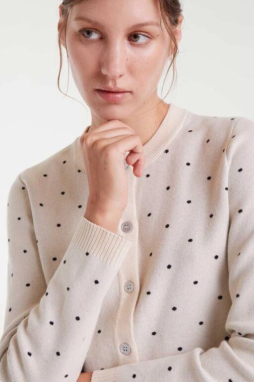 Ribbed Collar Design EcoFriendlyBlend Polka Dot Cardigan in White