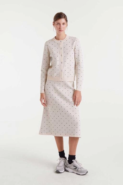 FrictionFreeNeckline Rubberized grip Polka Dot Cardigan in White