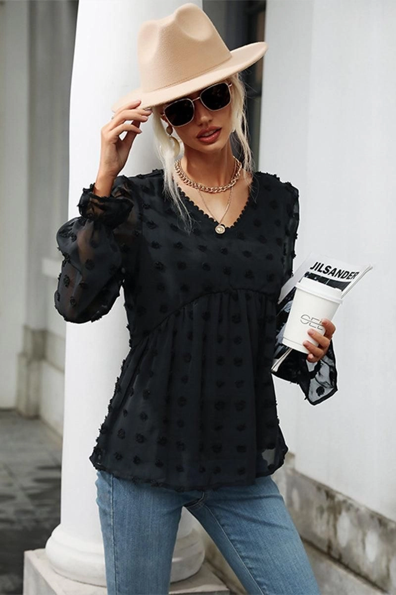 All-Purpose ThermalRegulation POLKA DOT LACE DETAILED V NECK CASUAL TUNIC TOP