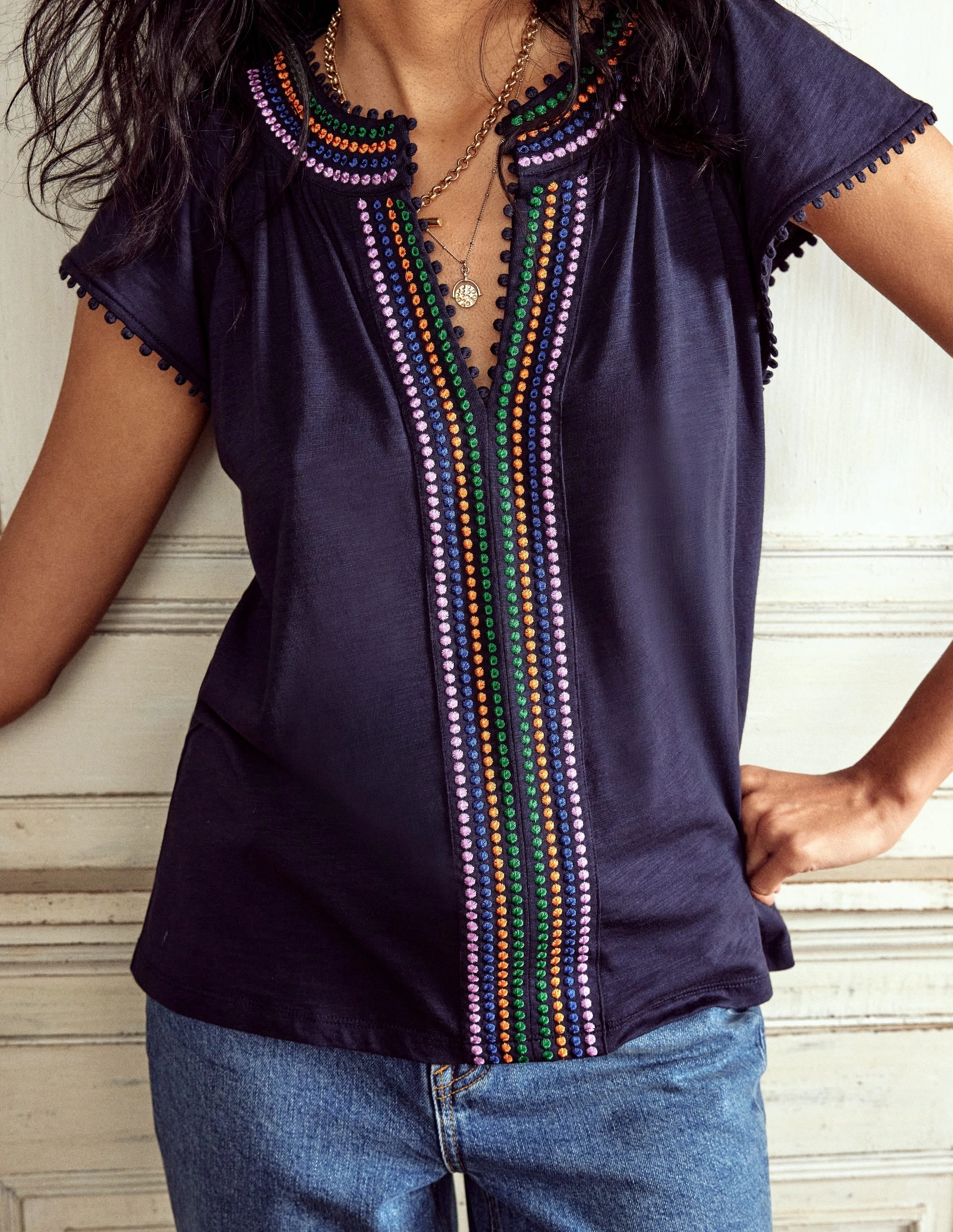 DurableDoubleLayeredHem Lightweight Fabric Pom Yoke Top-Navy