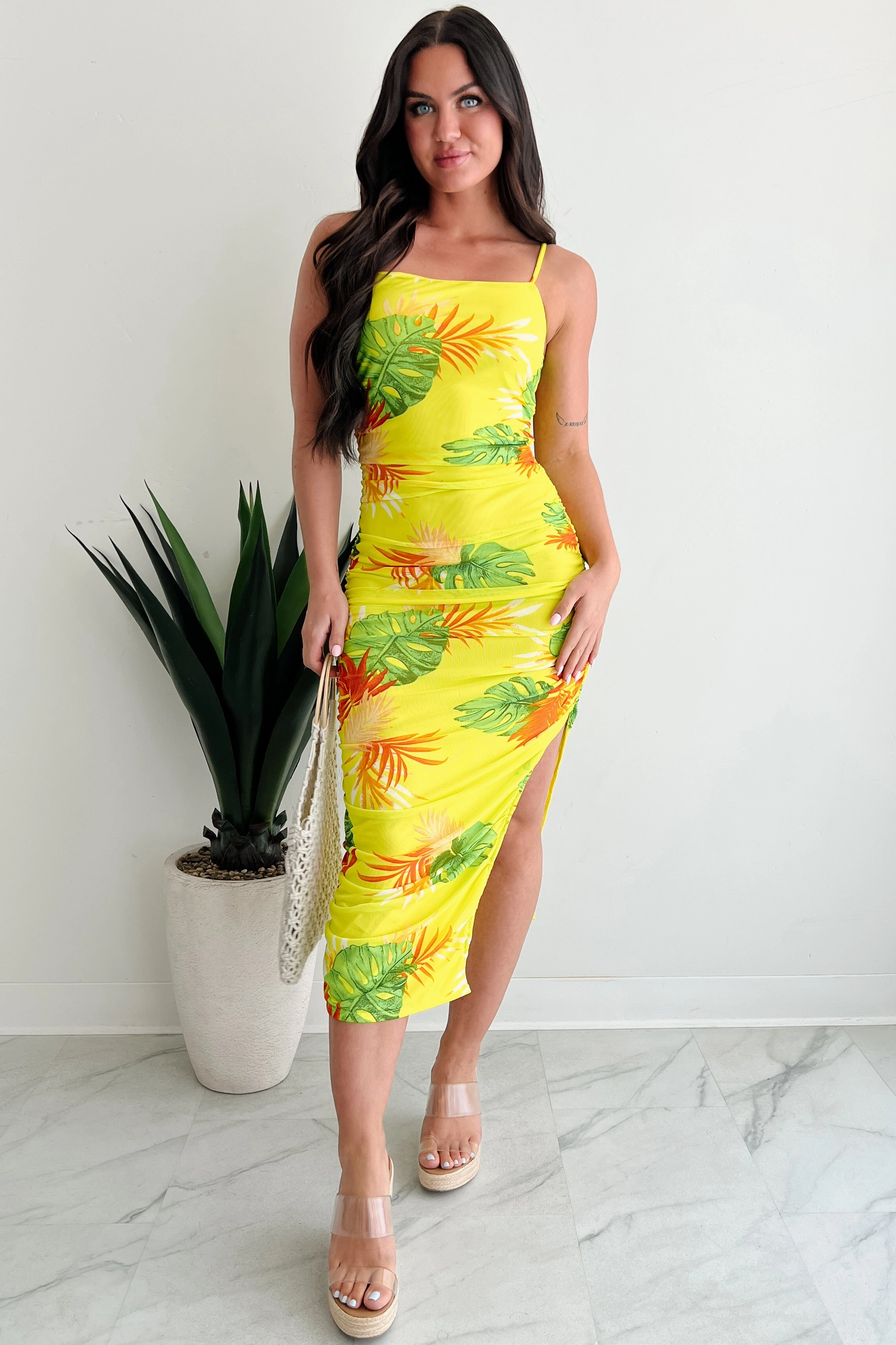 Poolside Chic Mesh Ruched Midi Dress (Lime) Satin-Edge