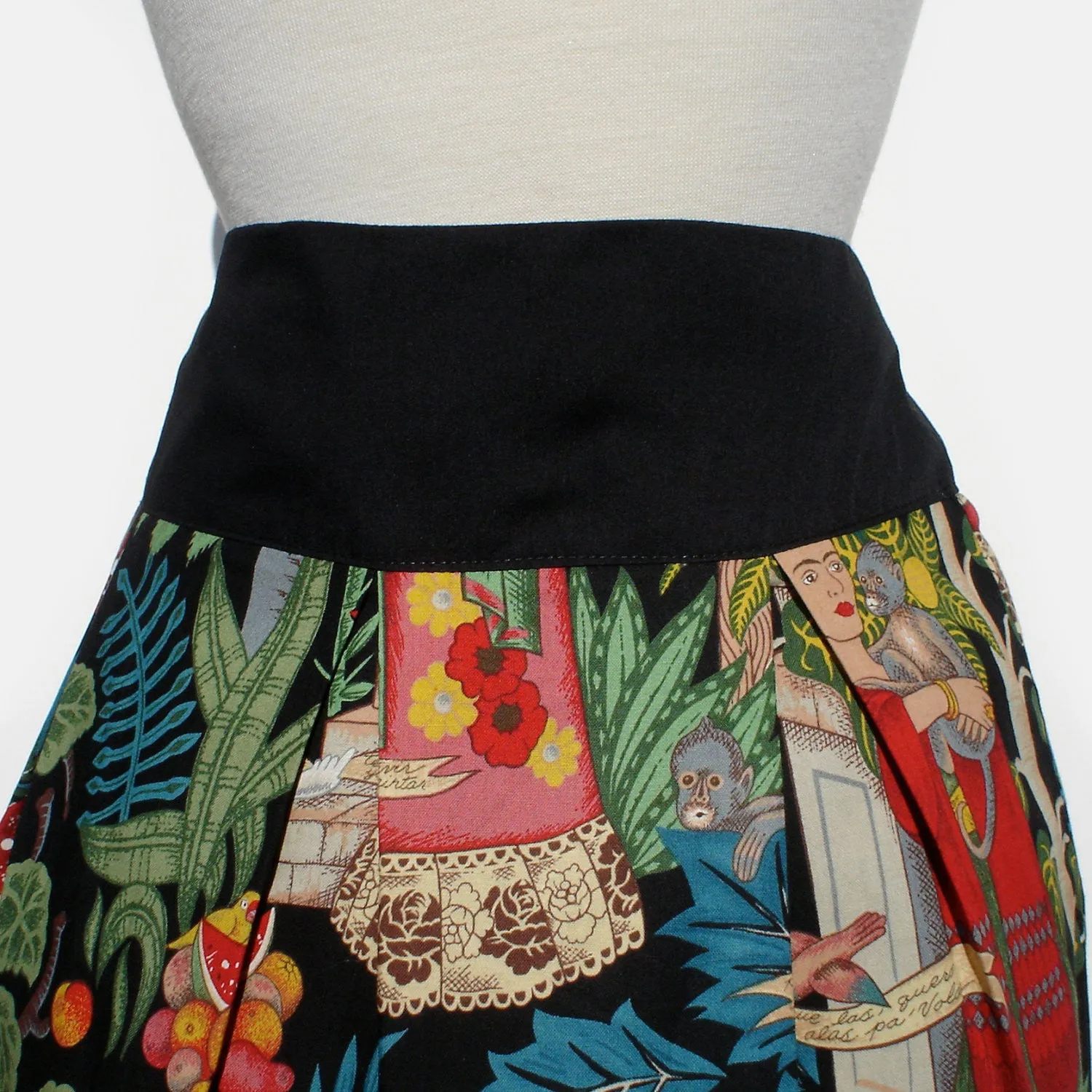 Rayon drape Frida Mexican Inspired Flowers and Animals Skirt Black #S-RS752