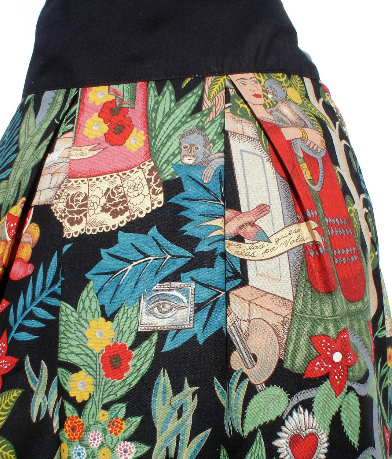 Chafe-Free Fit Frida Mexican Inspired Flowers and Animals Skirt Black #S-RS752