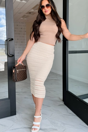 Casual Active Wear Breezy Finesse Crochet Midi Skirt (Cream)