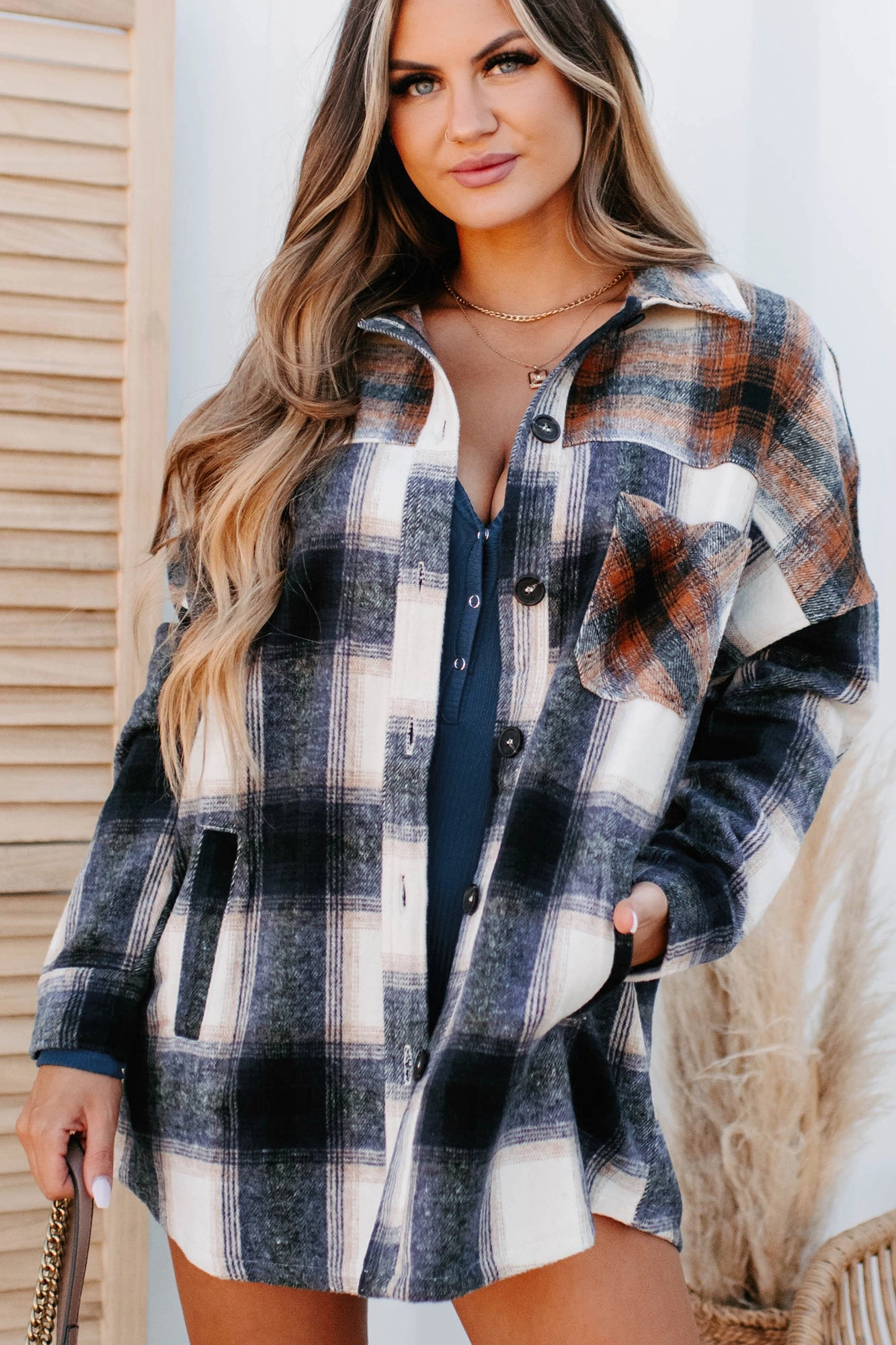 Heading North Oversized Colorblock Plaid Shacket (Navy/Rust) VentilatedMeshPaneling