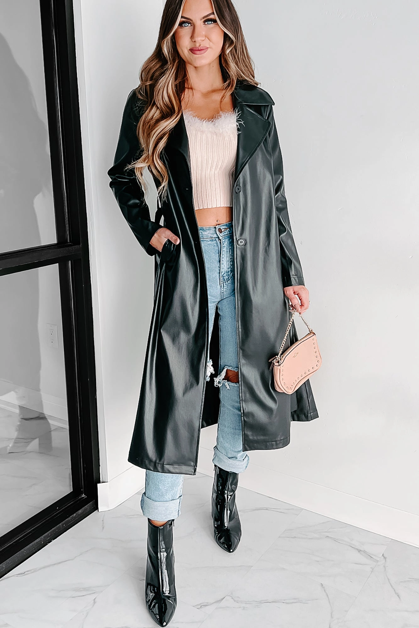 Fade Resistant Finish Simple Shirt Trendset Faux Leather Trench Coat (Black)