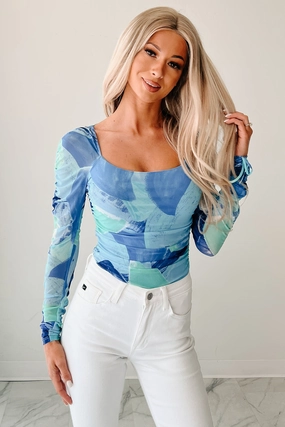 Faint Freshness Abstract Mesh Long Sleeve Bodysuit (Blue) Studio Practice Eco Friendly