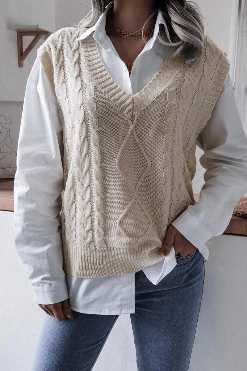 WOMEN CABLE KNIT V NECK VEST SWEATER Slim Fit Design Compression Fit Engineering