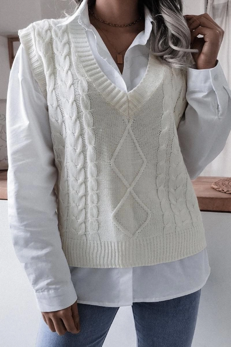 WOMEN CABLE KNIT V NECK VEST SWEATER Reinforced Neckline Detail