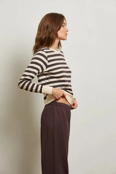 Stef Luxe Ribbed Long Sleeve Crew Tee in Mocha Stripe Low Profile Waistband Integration HighNeckCut